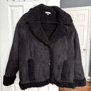 Topshop faux fur shearling car coat in black. Size 6.
